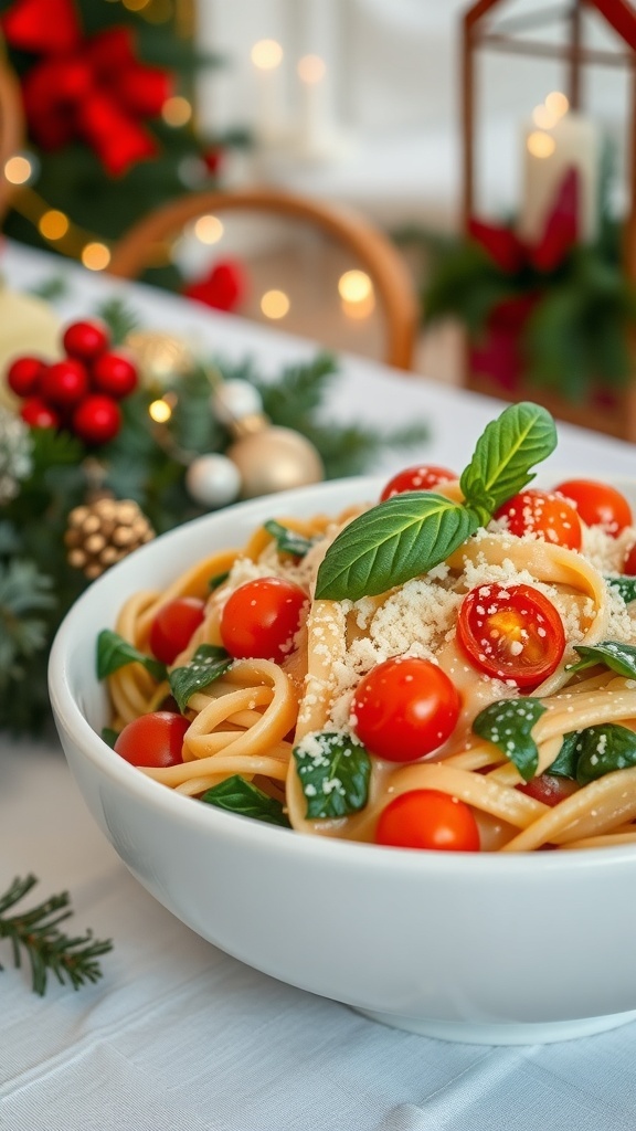 Creamy pasta with spinach and cherry tomatoes, garnished with Parmesan and basil on a festive Christmas table.